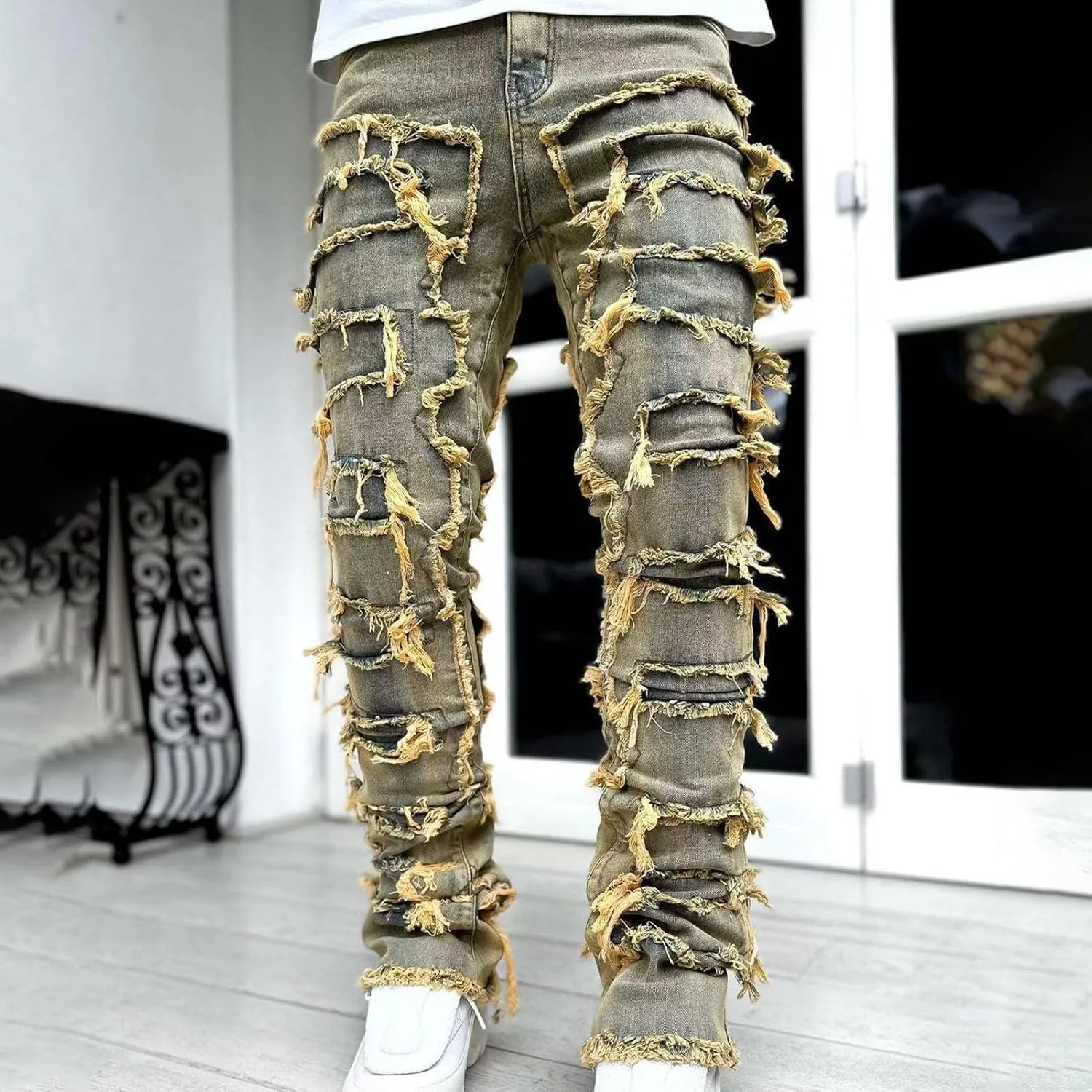 Stacked Jeans Men Skinny Ripped Jeans Slim Fit Patchwork Denim Pants Y2K Goth Harajuku Emo Hip Hop Jeans Trouser