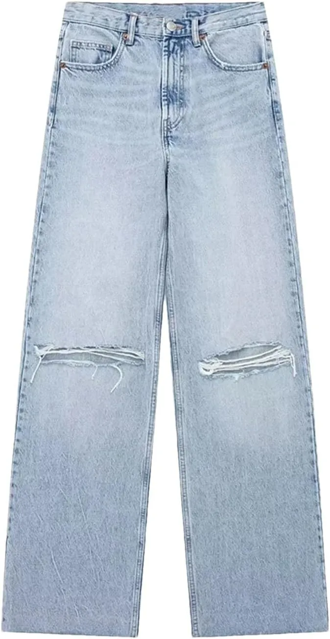 Streetwear Ripped Jeans for Women High Waist Wide Leg Blue Denim Pants Fashion Basic Straight Jeans