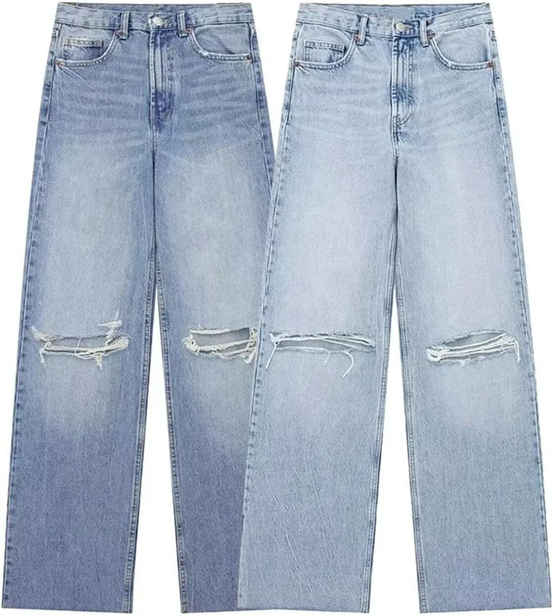 Streetwear Ripped Jeans for Women High Waist Wide Leg Blue Denim Pants Fashion Basic Straight Jeans