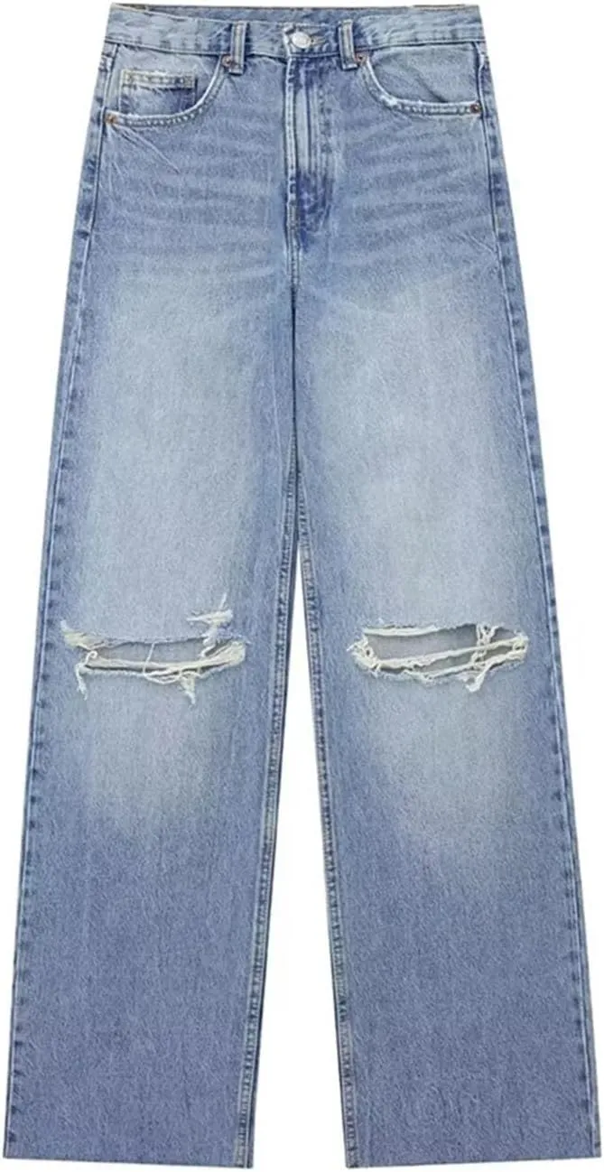 Streetwear Ripped Jeans for Women High Waist Wide Leg Blue Denim Pants Fashion Basic Straight Jeans