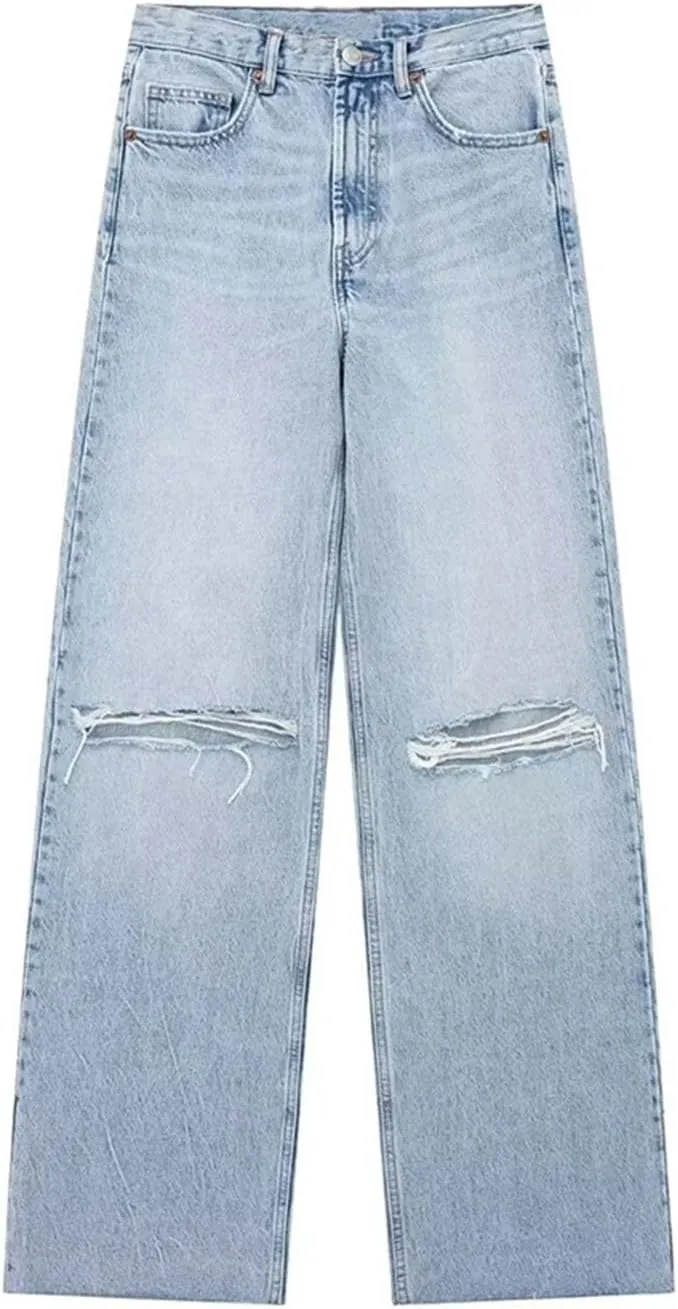 Streetwear Ripped Jeans for Women High Waist Wide Leg Blue Denim Pants Fashion Basic Straight Jeans