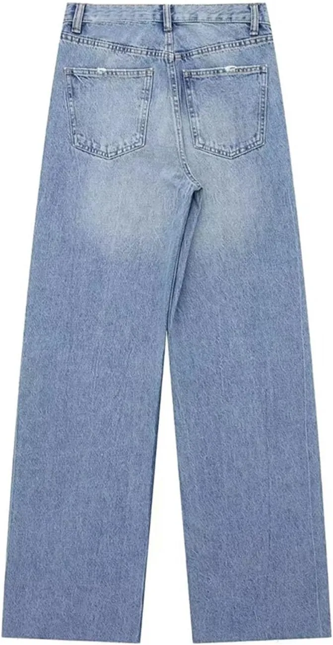 Streetwear Ripped Jeans for Women High Waist Wide Leg Blue Denim Pants Fashion Basic Straight Jeans