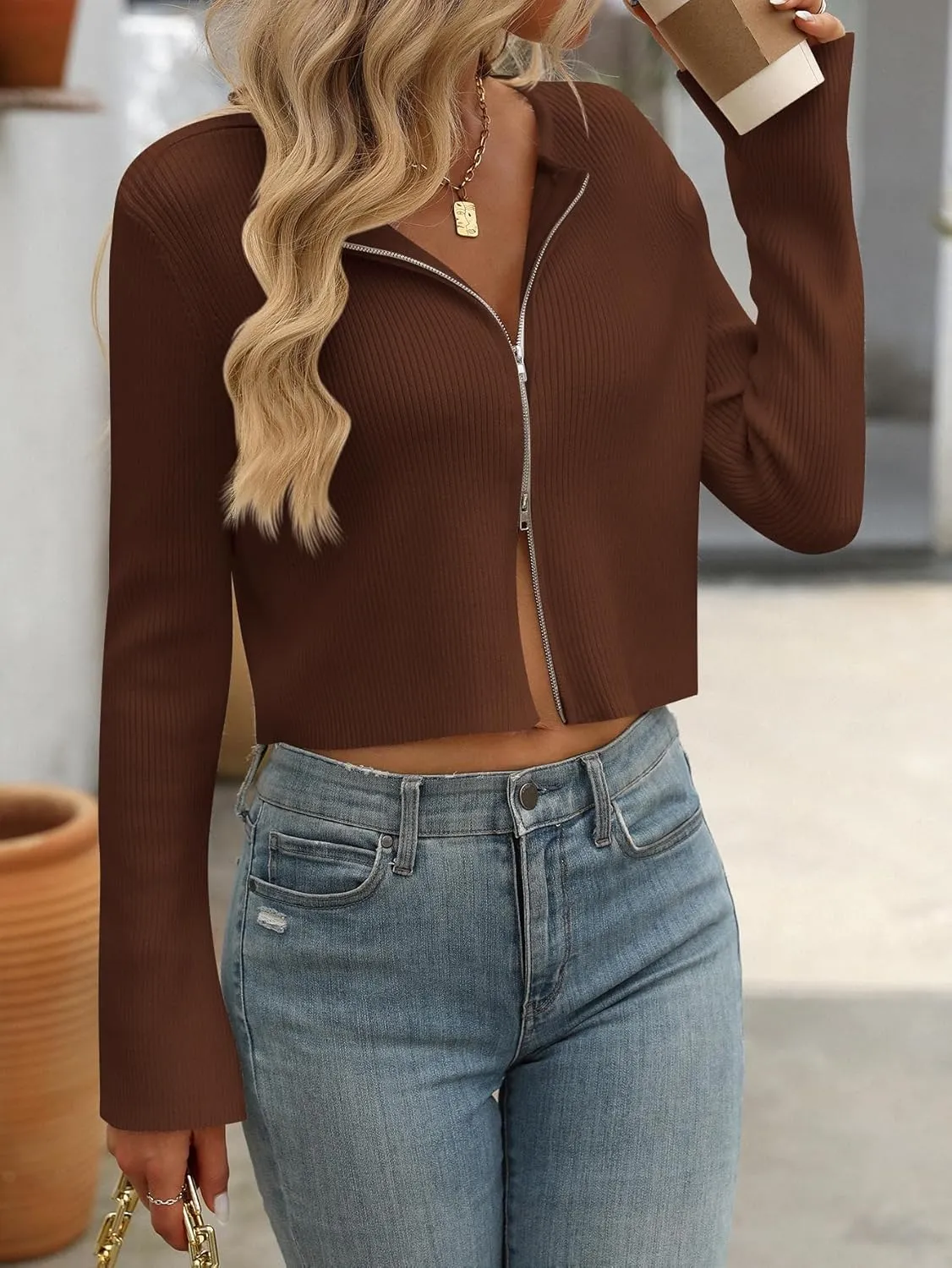 Sumleno Women Y2k Zip Up Cropped Cardigan Sweater Long Sleeve Solid Color Slim Fit Ribbed Knit Tops Trendy Fall Clothes