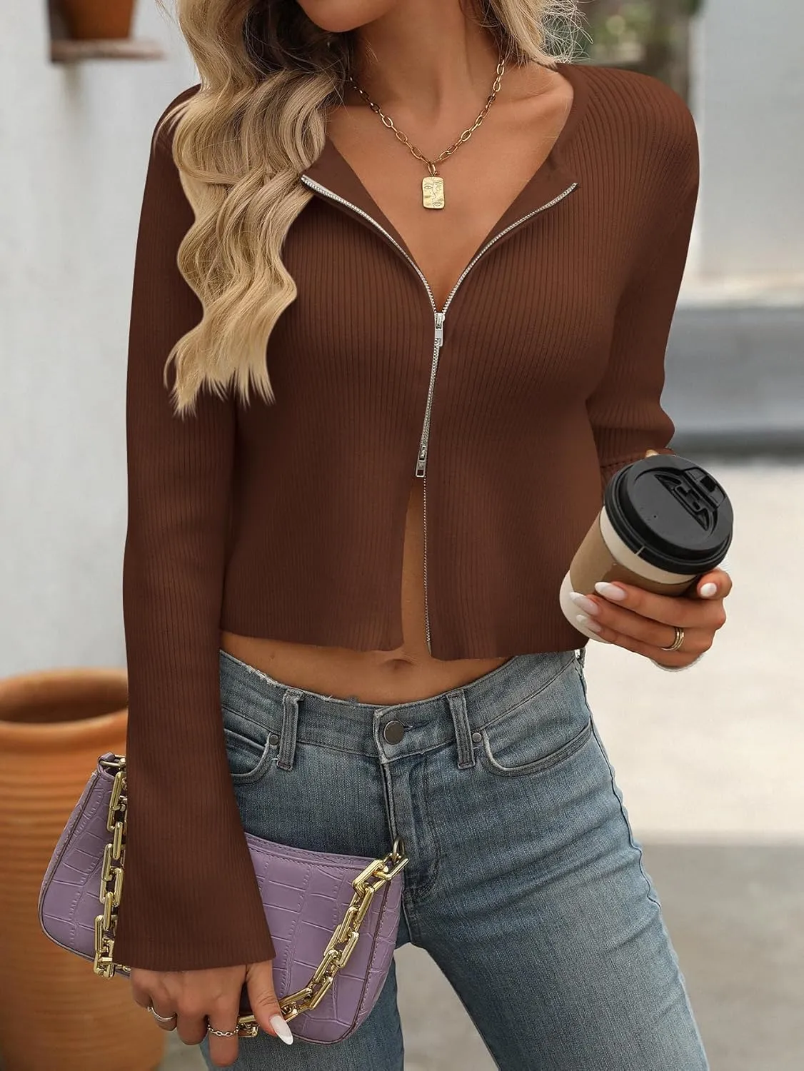 Sumleno Women Y2k Zip Up Cropped Cardigan Sweater Long Sleeve Solid Color Slim Fit Ribbed Knit Tops Trendy Fall Clothes