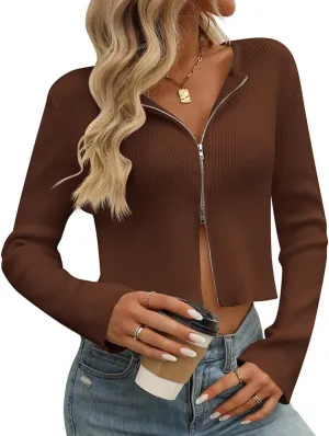 Sumleno Women Y2k Zip Up Cropped Cardigan Sweater Long Sleeve Solid Color Slim Fit Ribbed Knit Tops Trendy Fall Clothes