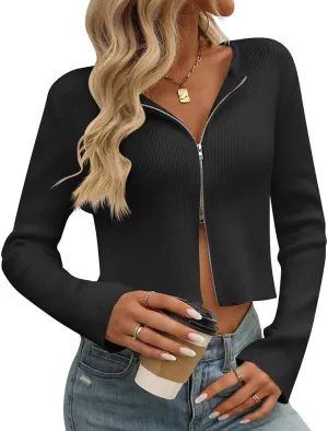 Sumleno Women Y2k Zip Up Cropped Cardigan Sweater Long Sleeve Solid Color Slim Fit Ribbed Knit Tops Trendy Fall Clothes