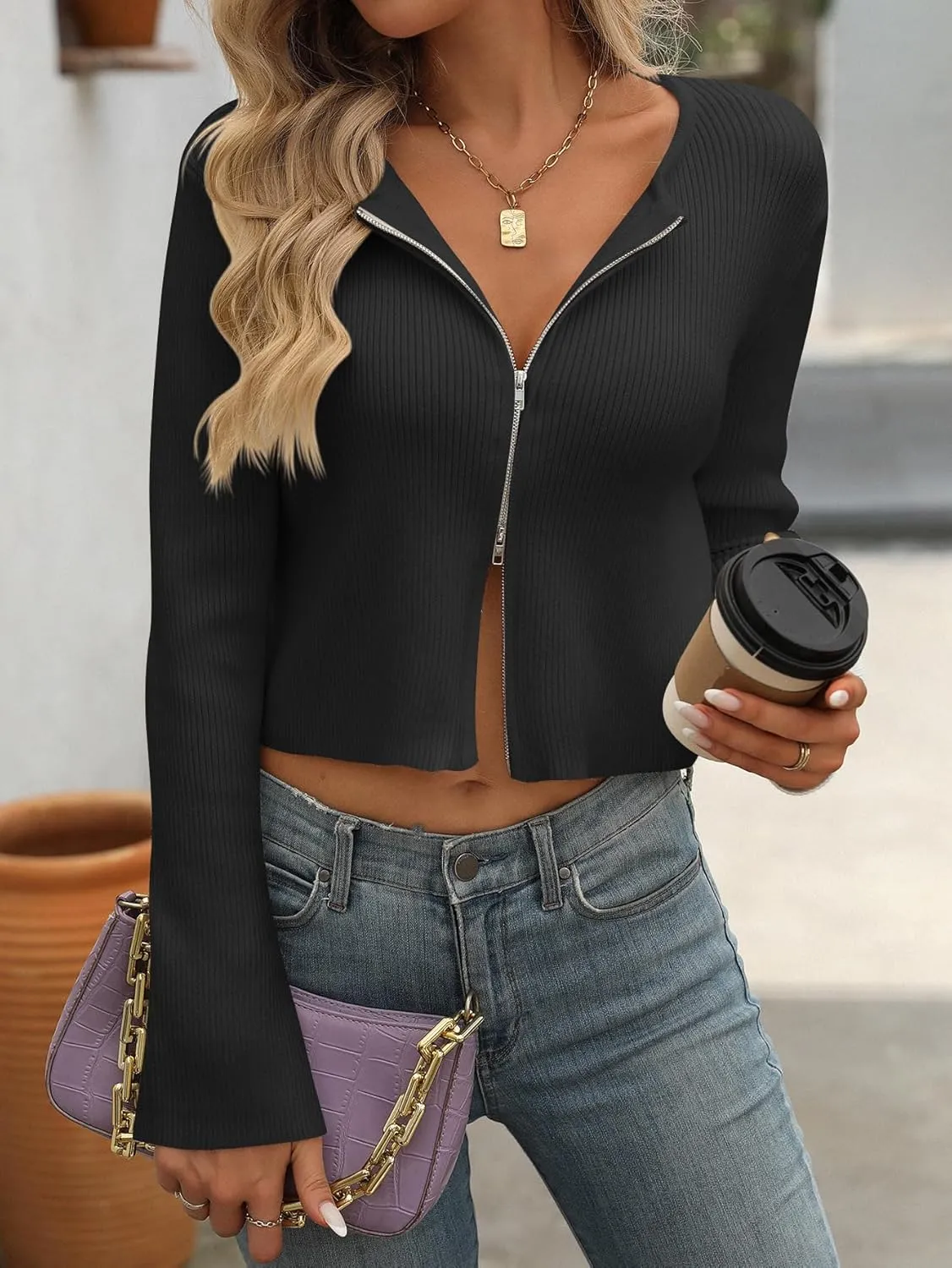 Sumleno Women Y2k Zip Up Cropped Cardigan Sweater Long Sleeve Solid Color Slim Fit Ribbed Knit Tops Trendy Fall Clothes
