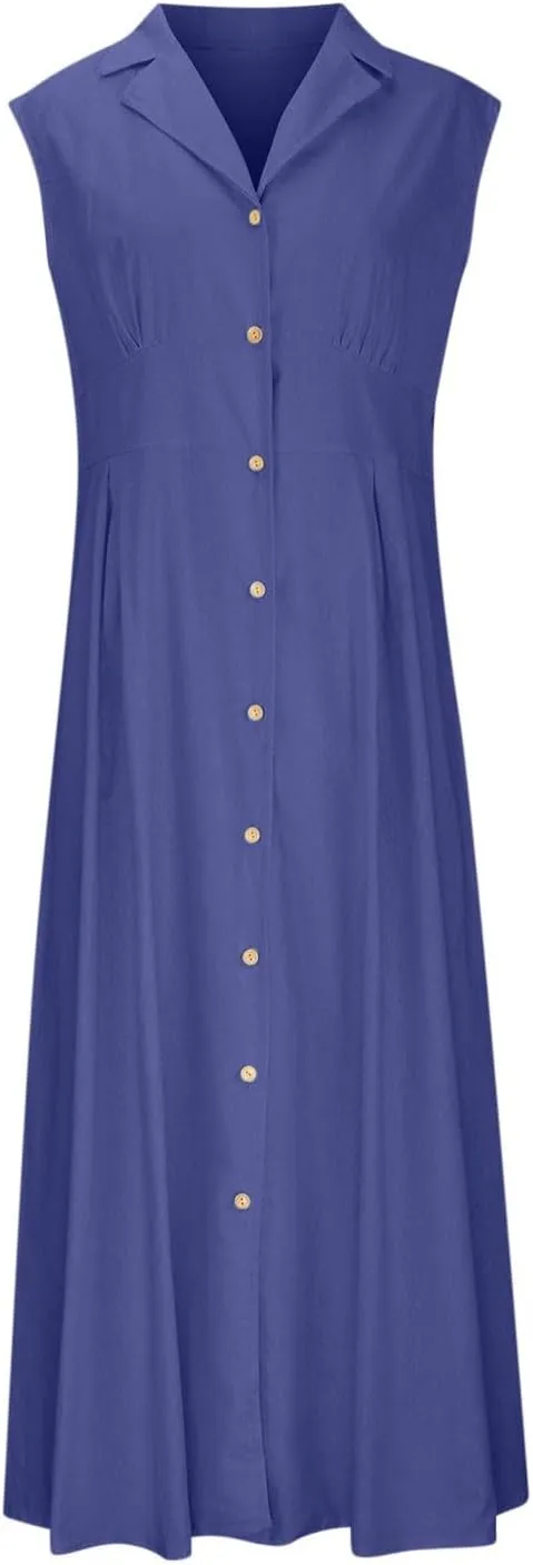 Summer Dreses for Women 2025 Casual Sleeveless Linen Maxi Dress Button Down V Neck Tank Dress Beach Long Sundress