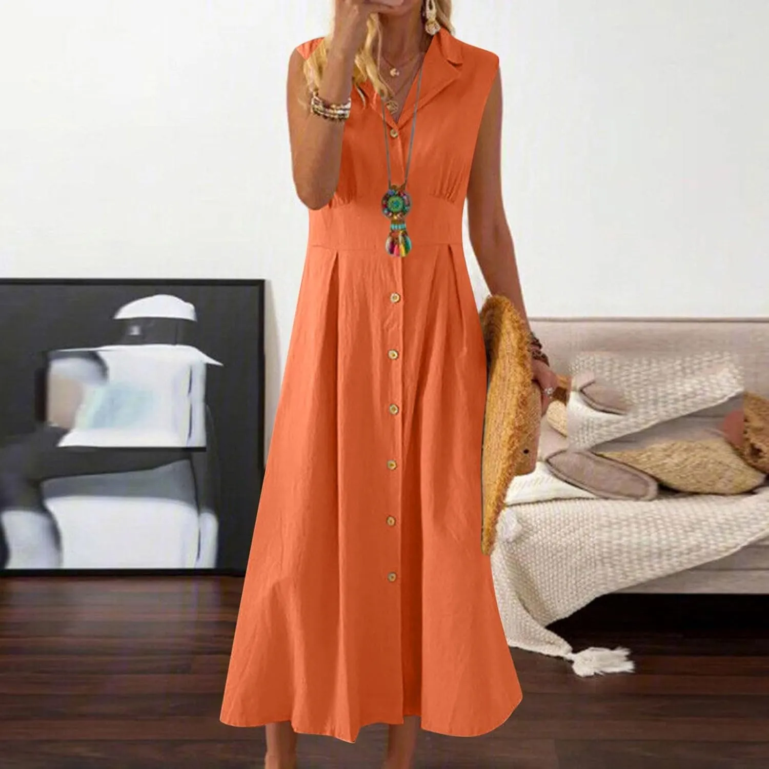 Summer Dreses for Women 2025 Casual Sleeveless Linen Maxi Dress Button Down V Neck Tank Dress Beach Long Sundress