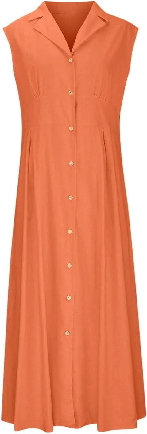 Summer Dreses for Women 2025 Casual Sleeveless Linen Maxi Dress Button Down V Neck Tank Dress Beach Long Sundress