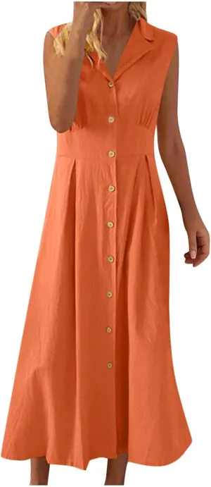 Summer Dreses for Women 2025 Casual Sleeveless Linen Maxi Dress Button Down V Neck Tank Dress Beach Long Sundress