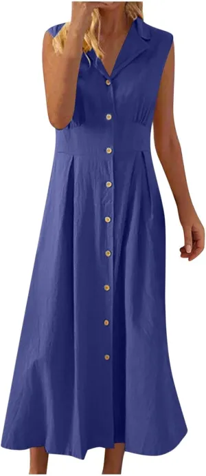 Summer Dreses for Women 2025 Casual Sleeveless Linen Maxi Dress Button Down V Neck Tank Dress Beach Long Sundress