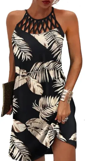 Summer Dresses for Women 2024 Casual Floral Hollow Out Halter Neck A-line Sundresses for Beach Vacation