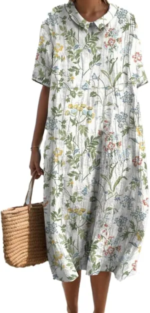 Summer Floral Maxi Dress, Women Casual Cotton Linen Boho Short Sleeve Crewneck Beach Flowy Vacation Dress with Pocket