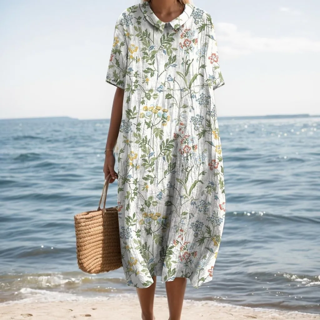 Summer Floral Maxi Dress, Women Casual Cotton Linen Boho Short Sleeve Crewneck Beach Flowy Vacation Dress with Pocket