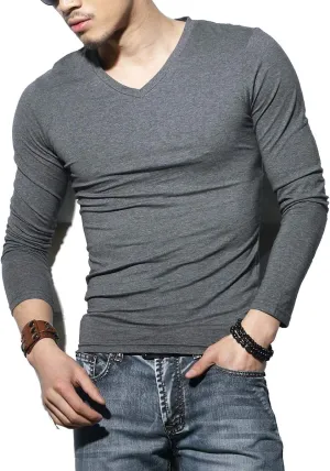 Sunshine Code Men's Seamless V-Neck Slim Fit Long Sleeve T-Shirt Undershirt Base Layer Top for Muscular Build