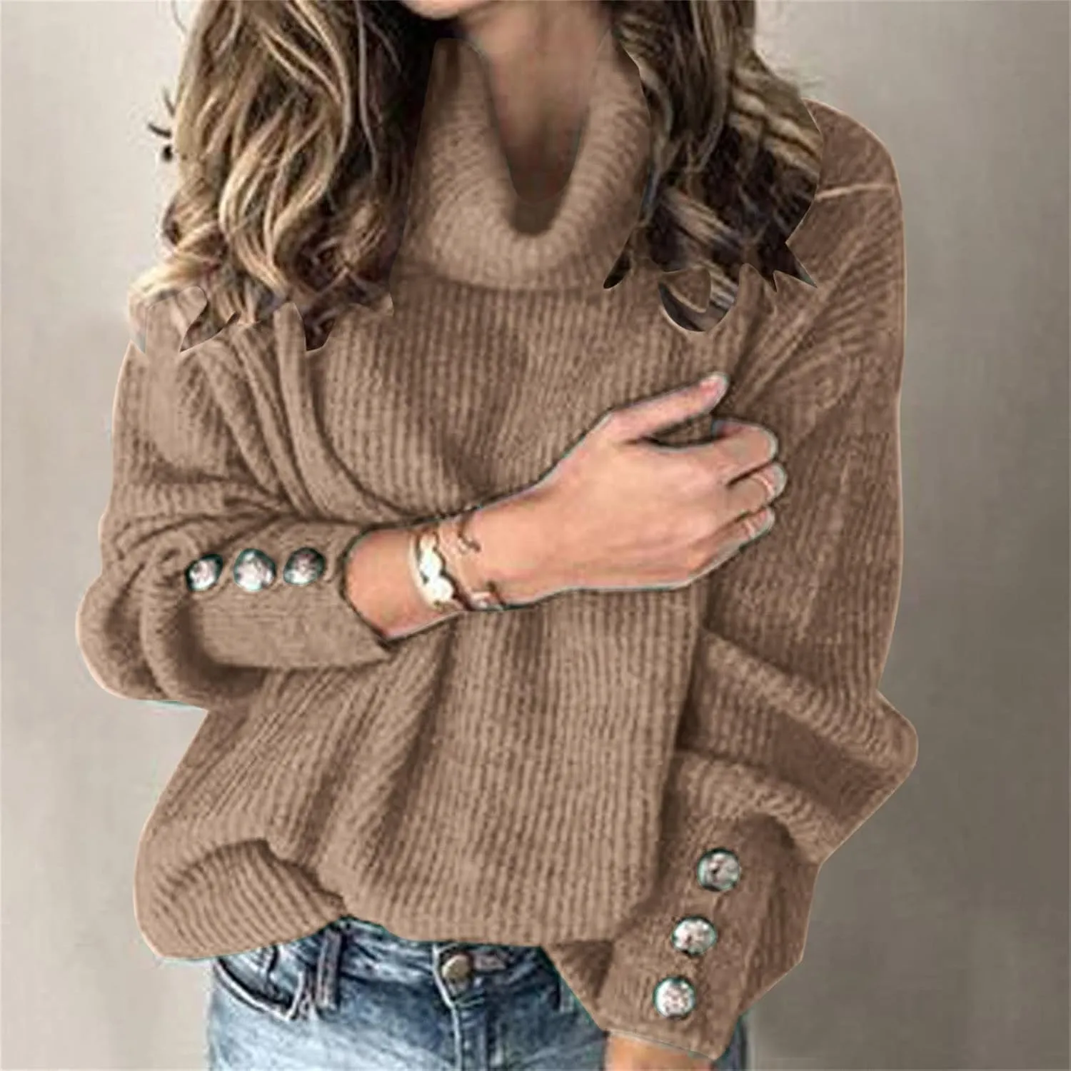 Sweaters for Women Oversized Long Sleeve Turtleneck Ribbed Knit Tops Soild Color Casual Pullover Fall Winter Tshirt