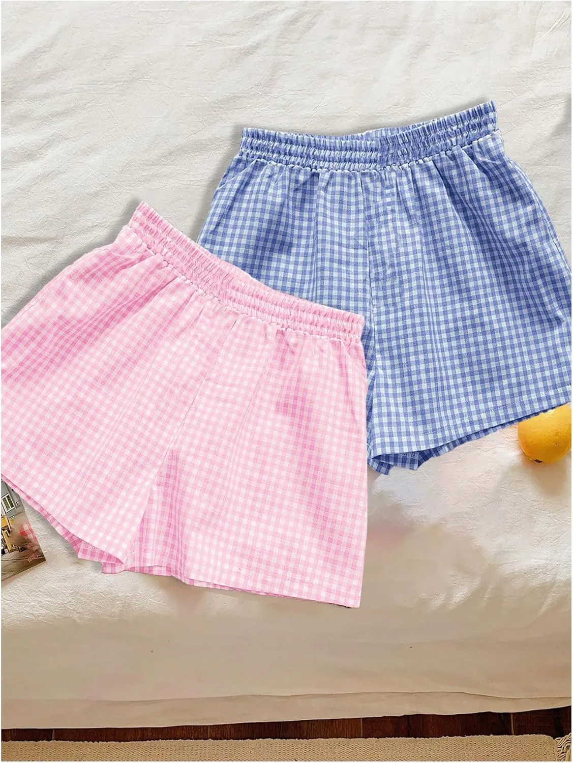 SweatyRocks Women's 2 Pack Plaid Shorts Letter Patched Elastic High Waisted Summer Shorts