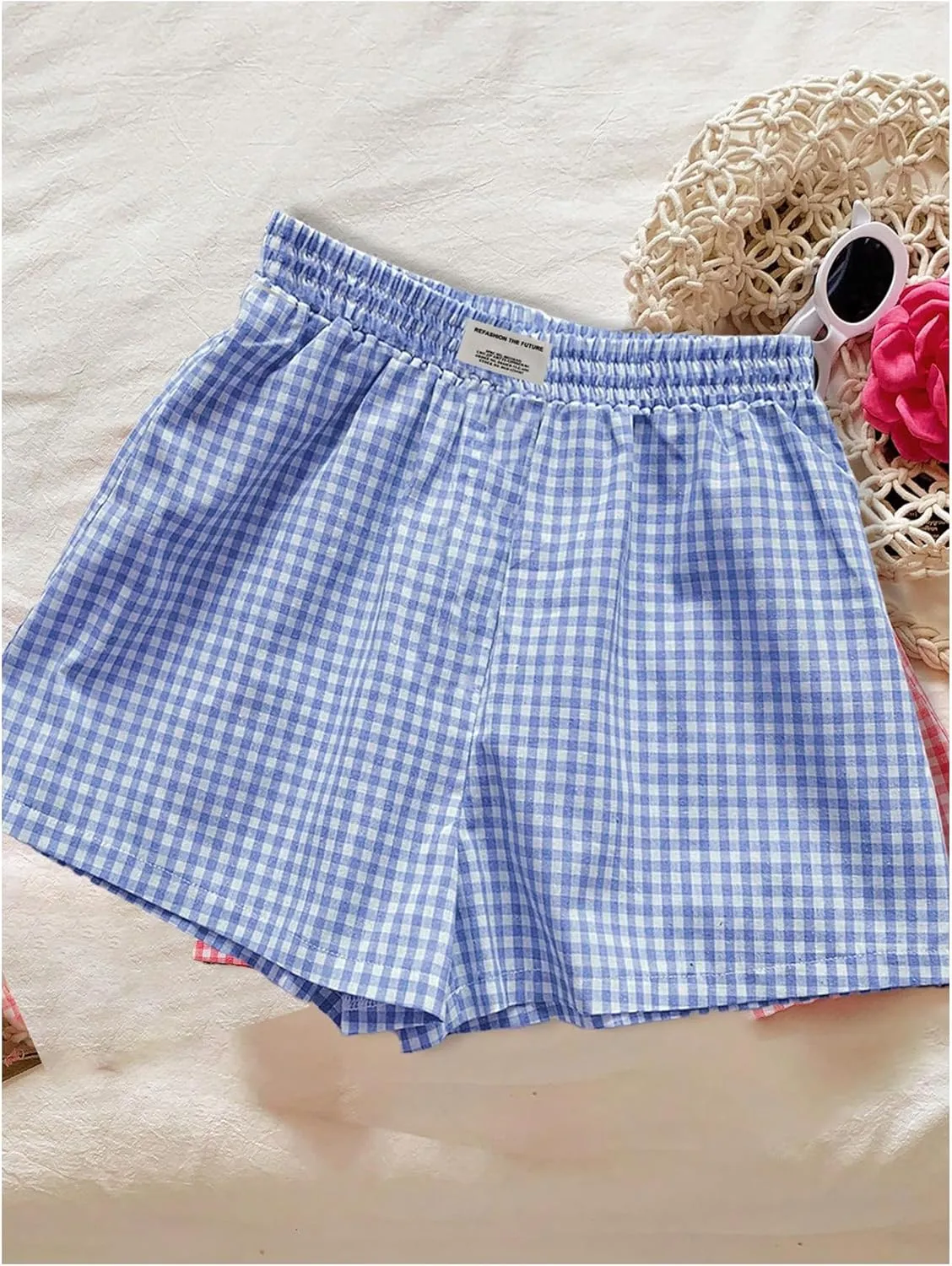 SweatyRocks Women's 2 Pack Plaid Shorts Letter Patched Elastic High Waisted Summer Shorts