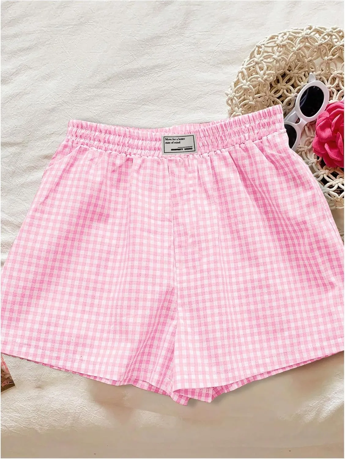 SweatyRocks Women's 2 Pack Plaid Shorts Letter Patched Elastic High Waisted Summer Shorts