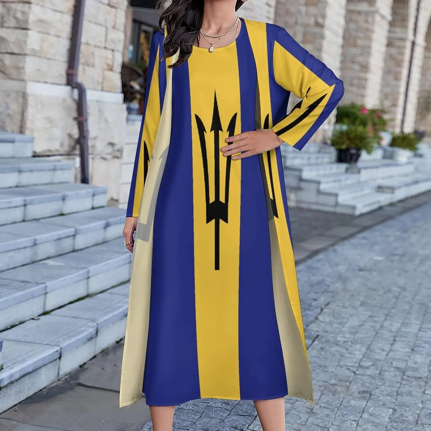 TAIZIYEAH Dress Suit Barbados Flag Women's Summer Casual Loose Dress Long Dress Short Sleeve for Girls Fashion Skirts L