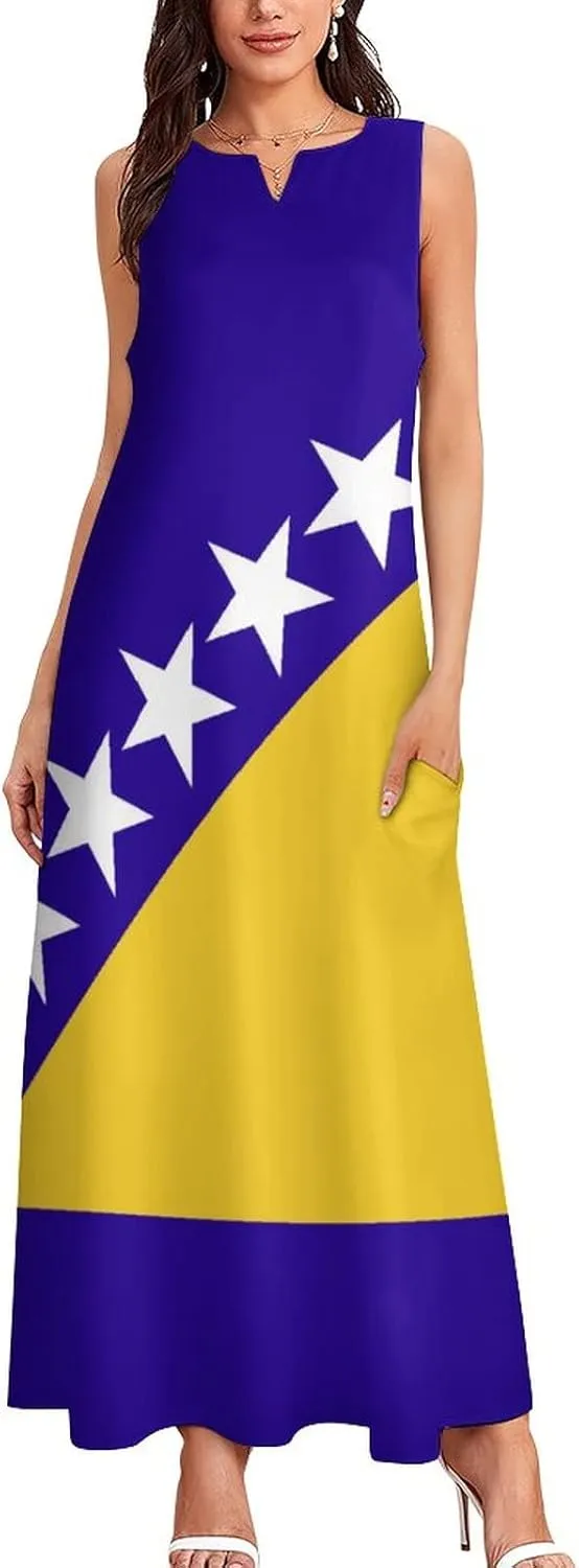TAIZIYEAH Long Dress Elegant Casual Long Dress Bosnia and Herzegovina Flag Girls Summer Sunshine Beach Skirts for Womens S