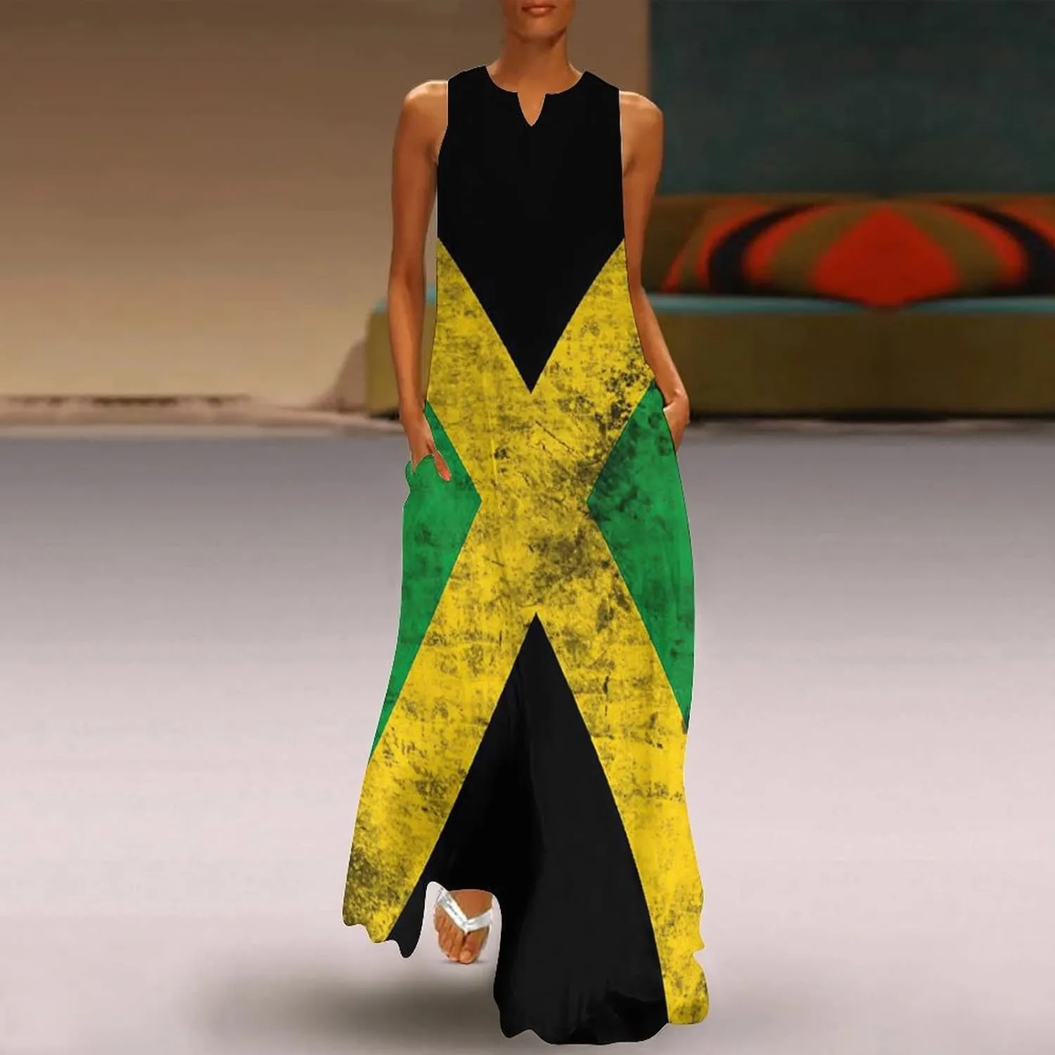 TAIZIYEAH Long Dress Elegant Casual Long Dress Jamaica Flag Girls Summer Sunshine Beach Skirts for Womens S