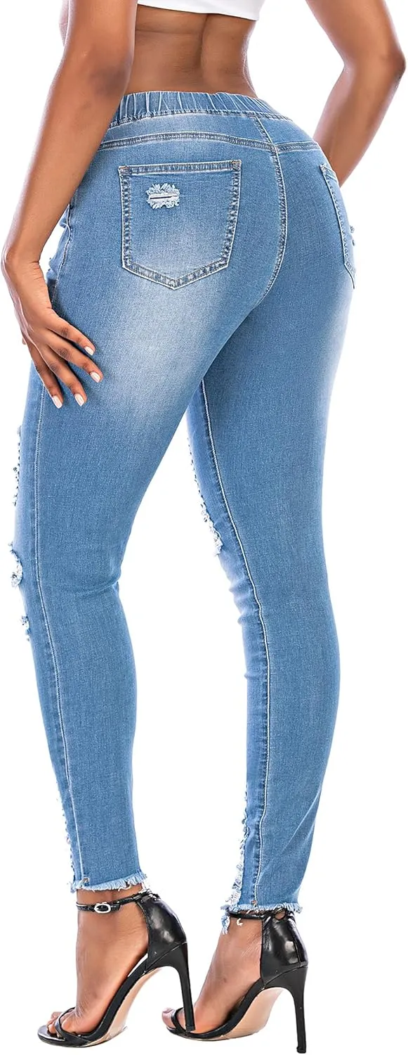 THUNDER STAR Ripped Jeans,Skinny Jeans for Women,Drawstring Mid Waist Jeans