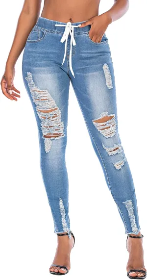 THUNDER STAR Ripped Jeans,Skinny Jeans for Women,Drawstring Mid Waist Jeans