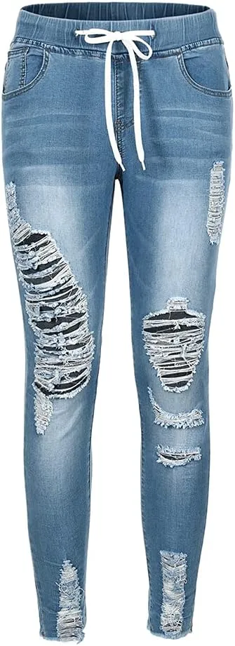 THUNDER STAR Ripped Jeans,Skinny Jeans for Women,Drawstring Mid Waist Jeans