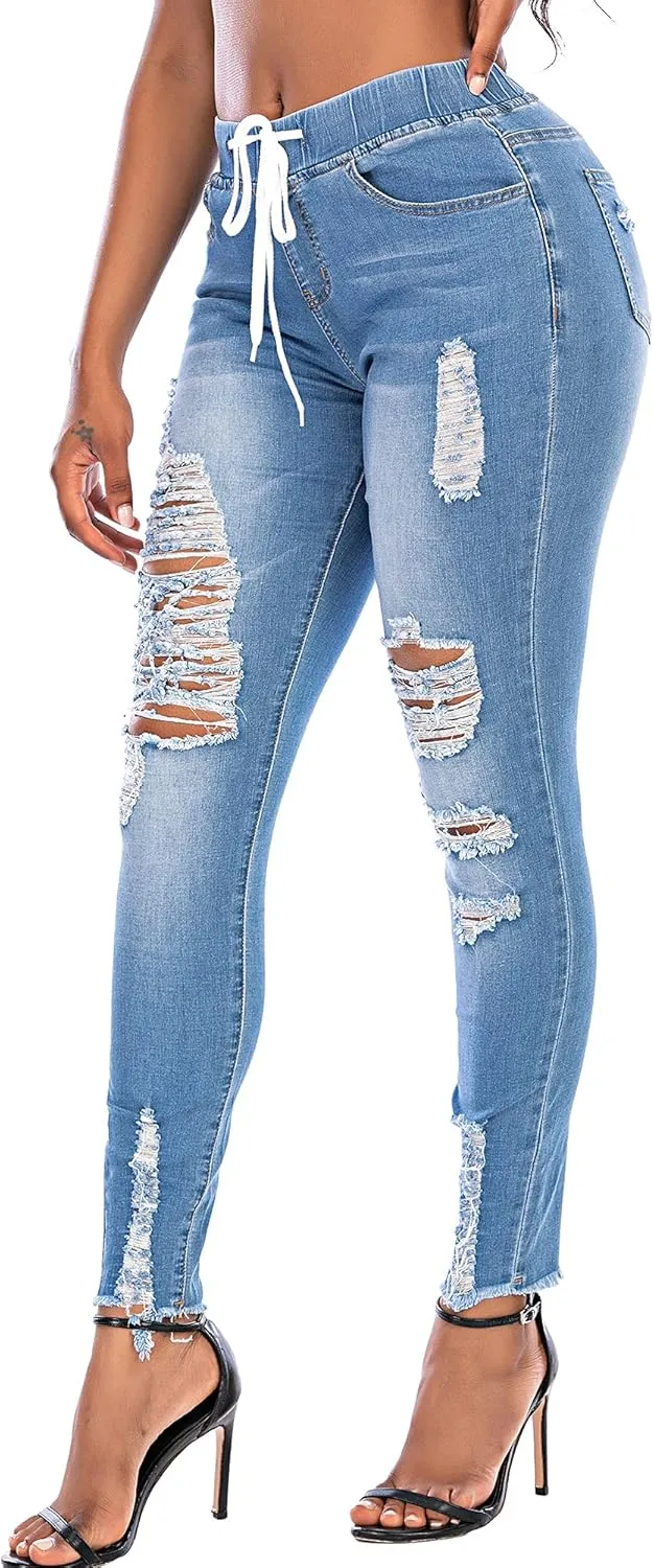 THUNDER STAR Ripped Jeans,Skinny Jeans for Women,Drawstring Mid Waist Jeans