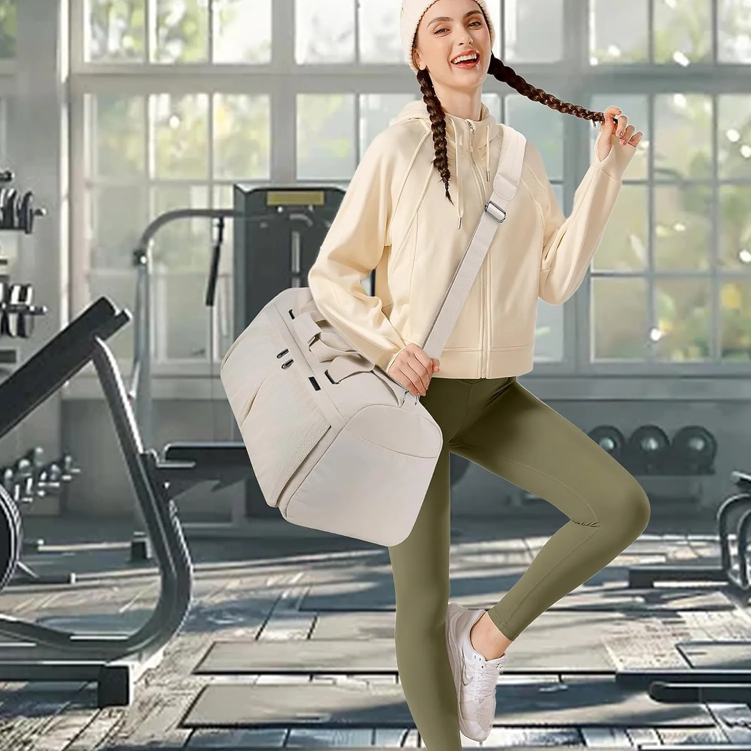 Travel Duffle Bag,Weekender Bags for Women with Shoe CompartmentCarry on Overnight Bag Gym Duffel Bag (beige)