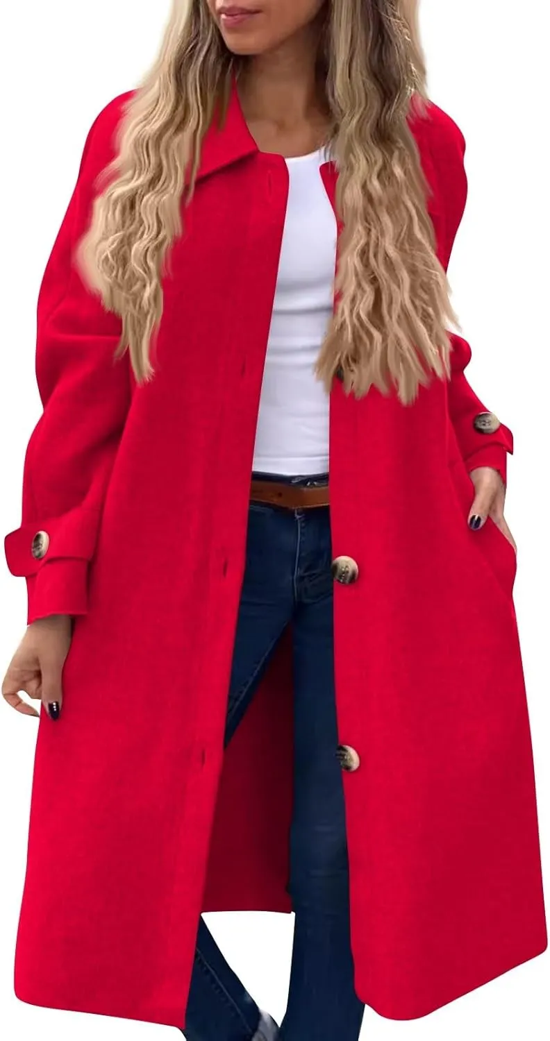 Trench Coat for Women Winter Lapel Collar Double Breasted Pea Coats Wool Blend Warm Windproof Overcoat Long Jacket