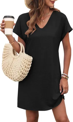 Tshirt Dress Women V Neck Short Sleeve Shift Mini Dresses Summer Loose Fit Dressy Casual Beach Vacation Short Dress