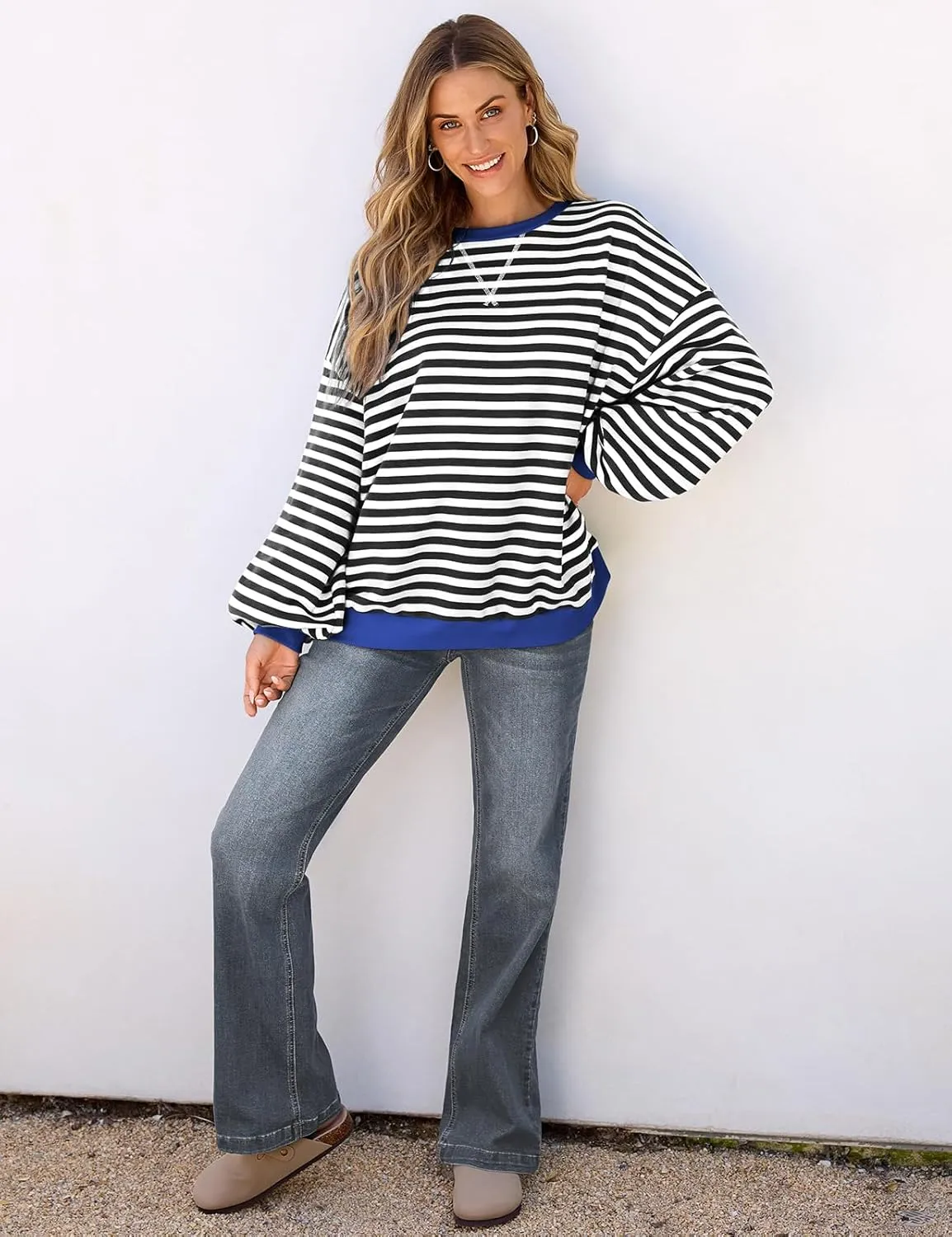 UEU Women Oversized Striped Crewneck Sweatshirt Long Sleeve Color Block Pullover Tops Casual Loose Workout Shirt
