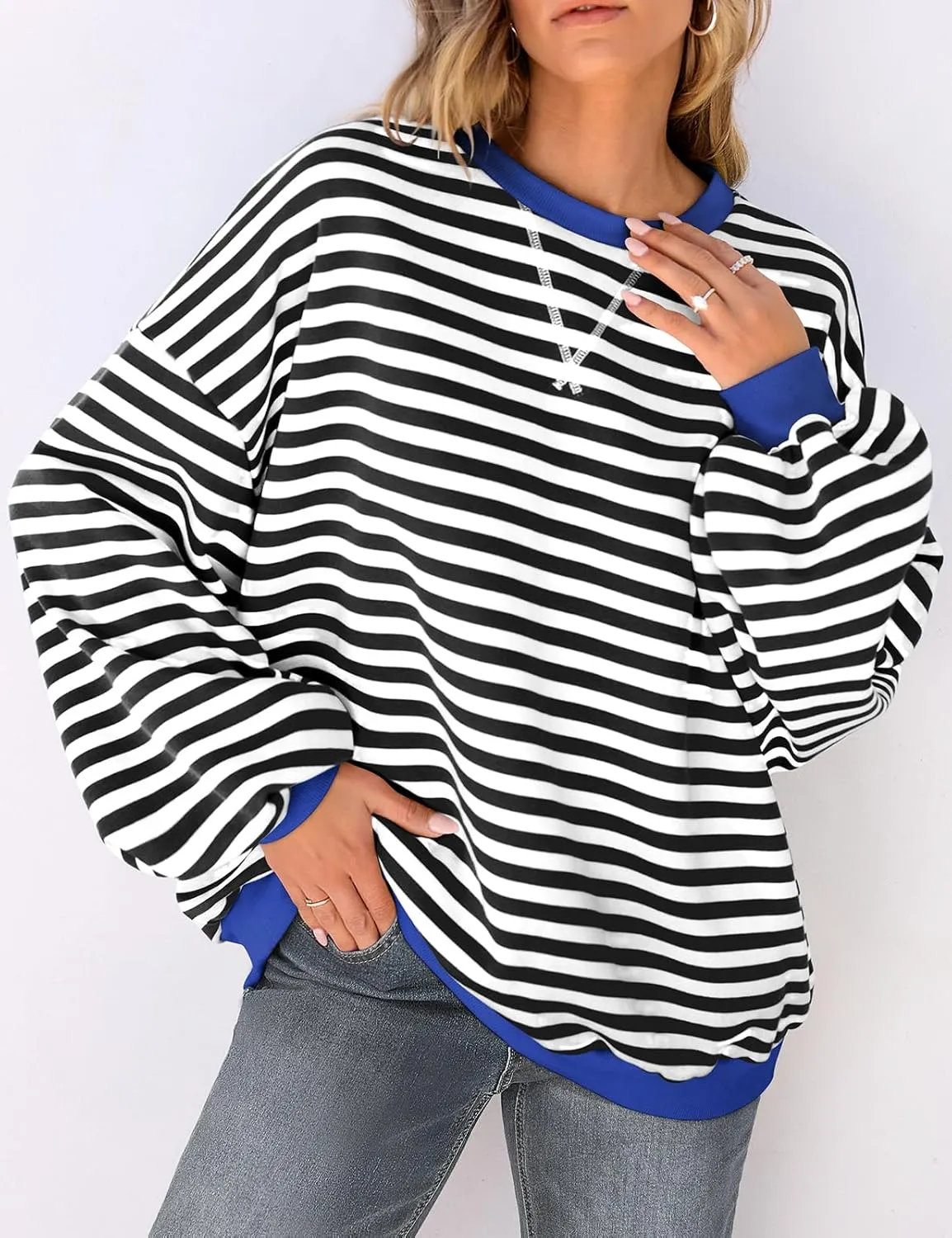 UEU Women Oversized Striped Crewneck Sweatshirt Long Sleeve Color Block Pullover Tops Casual Loose Workout Shirt