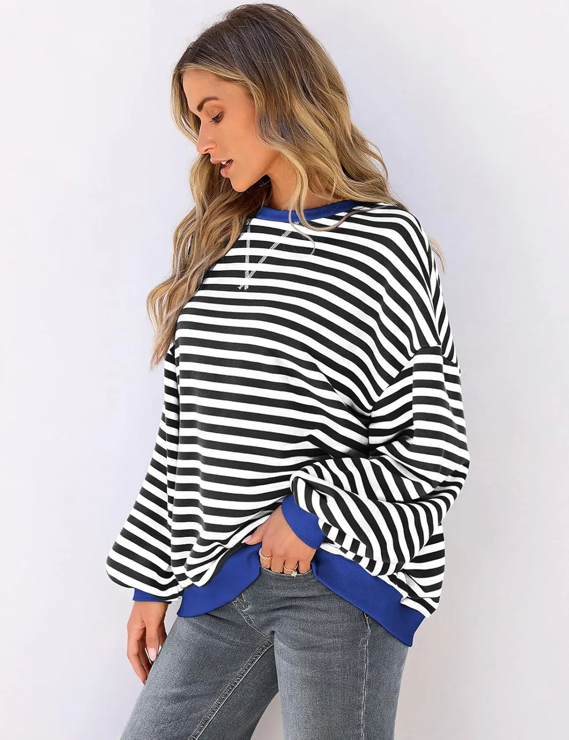 UEU Women Oversized Striped Crewneck Sweatshirt Long Sleeve Color Block Pullover Tops Casual Loose Workout Shirt