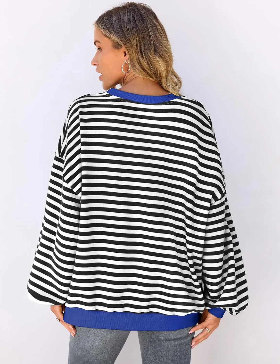 UEU Women Oversized Striped Crewneck Sweatshirt Long Sleeve Color Block Pullover Tops Casual Loose Workout Shirt
