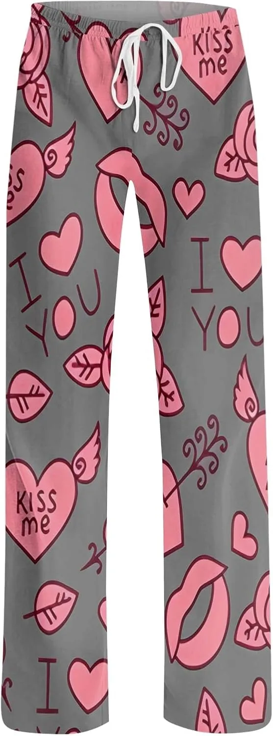Valentines Day Pajama Pants Baggy Wide Leg Palazzo Pants Casual Comfy Lounge Pants Drawstring Elastic Waist Yoga Pants