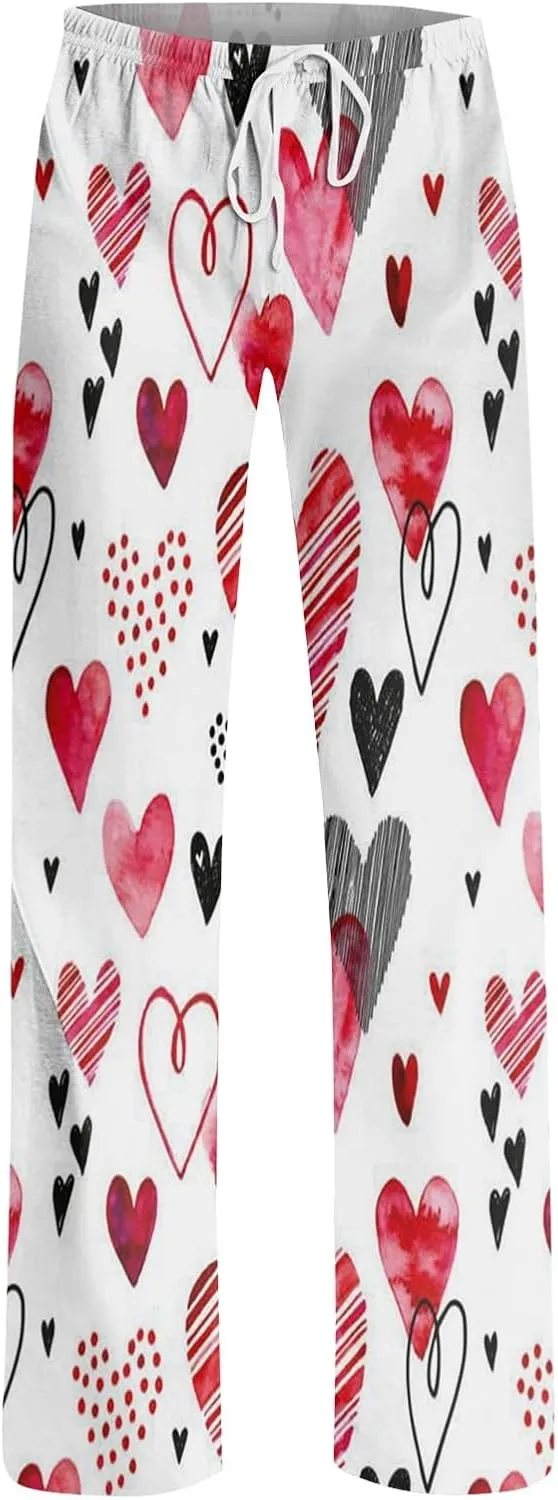 Valentines Day Pajama Pants Baggy Wide Leg Palazzo Pants Casual Comfy Lounge Pants Drawstring Elastic Waist Yoga Pants