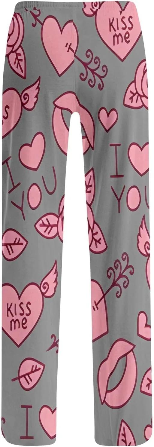 Valentines Day Pajama Pants Baggy Wide Leg Palazzo Pants Casual Comfy Lounge Pants Drawstring Elastic Waist Yoga Pants