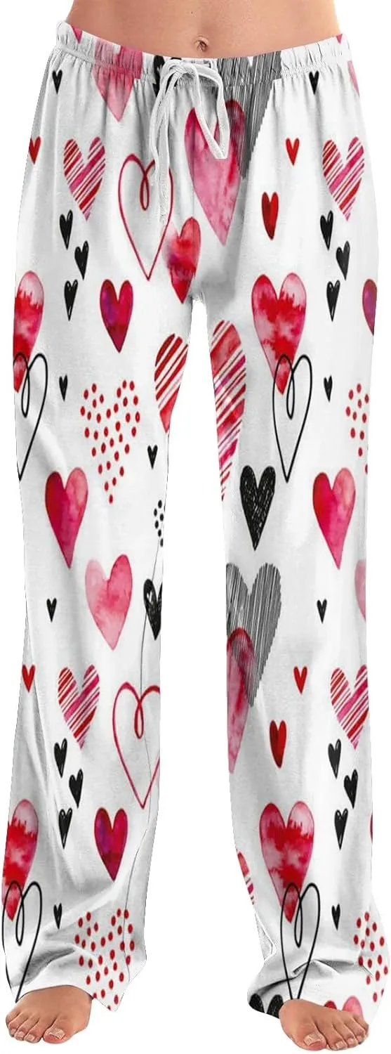 Valentines Day Pajama Pants Baggy Wide Leg Palazzo Pants Casual Comfy Lounge Pants Drawstring Elastic Waist Yoga Pants