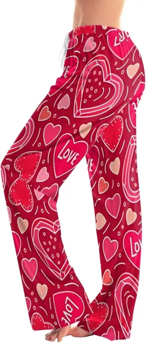 Valentines Pajama Pants Drawstring Heart Comfy Wide Leg Lounge Pants Stretchy Cozy Baggy High Waisted Sleep Pants