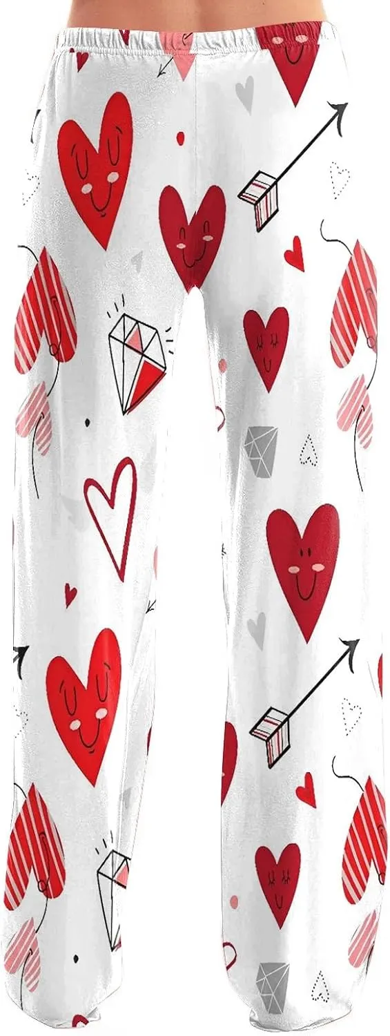 Valentines Pajama Pants Drawstring Heart Comfy Wide Leg Lounge Pants Stretchy Cozy Baggy High Waisted Sleep Pants