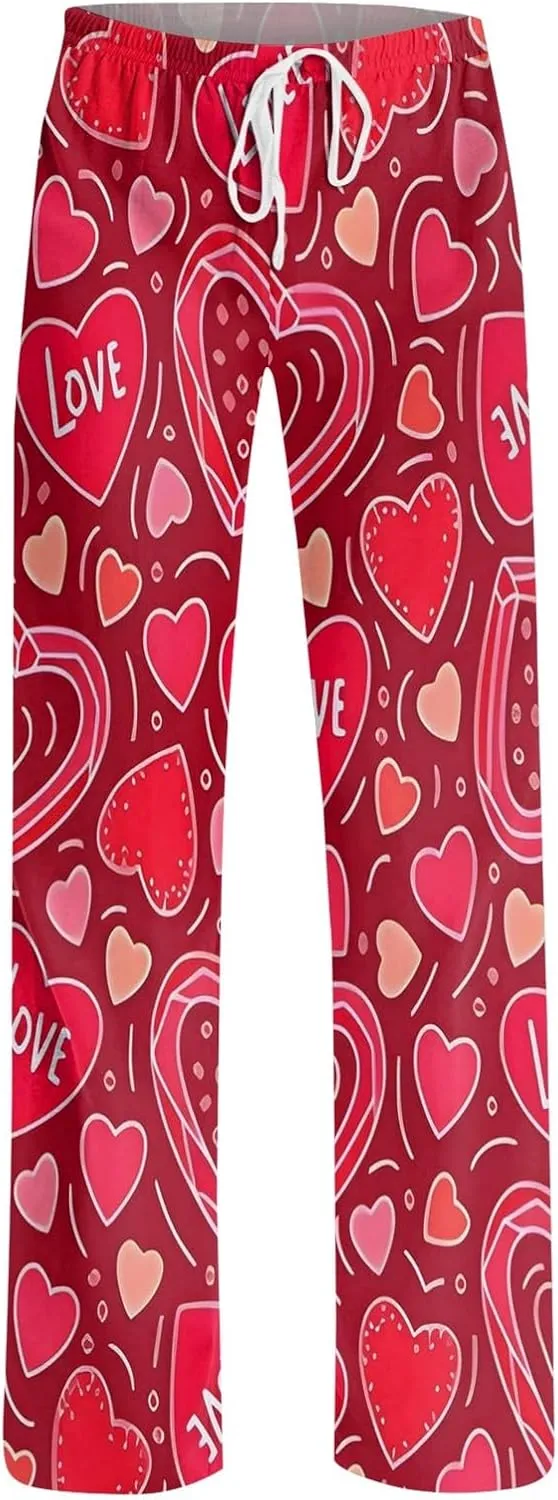 Valentines Pajama Pants Drawstring Heart Comfy Wide Leg Lounge Pants Stretchy Cozy Baggy High Waisted Sleep Pants