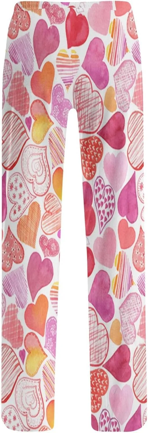 Valentines Pajama Pants Drawstring Heart Comfy Wide Leg Lounge Pants Stretchy Cozy Baggy High Waisted Sleep Pants