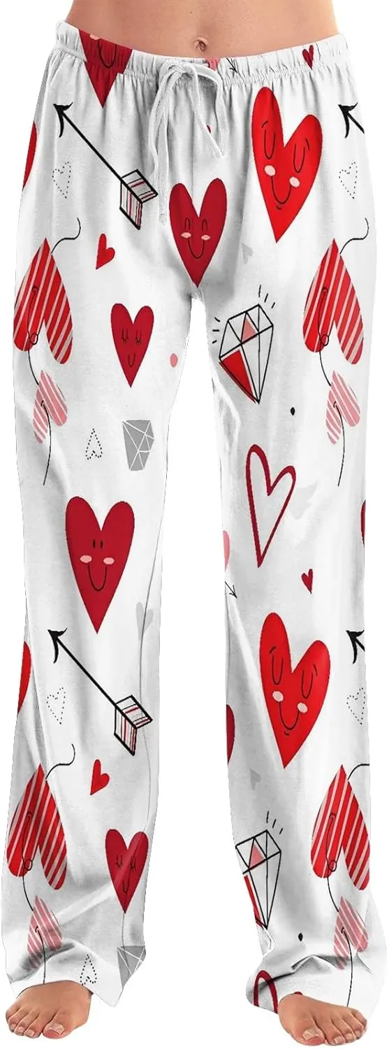 Valentines Pajama Pants Drawstring Heart Comfy Wide Leg Lounge Pants Stretchy Cozy Baggy High Waisted Sleep Pants