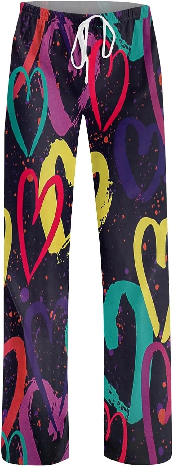 Valentines Pajama Pants Drawstring Heart Comfy Wide Leg Lounge Pants Stretchy Cozy Baggy High Waisted Sleep Pants