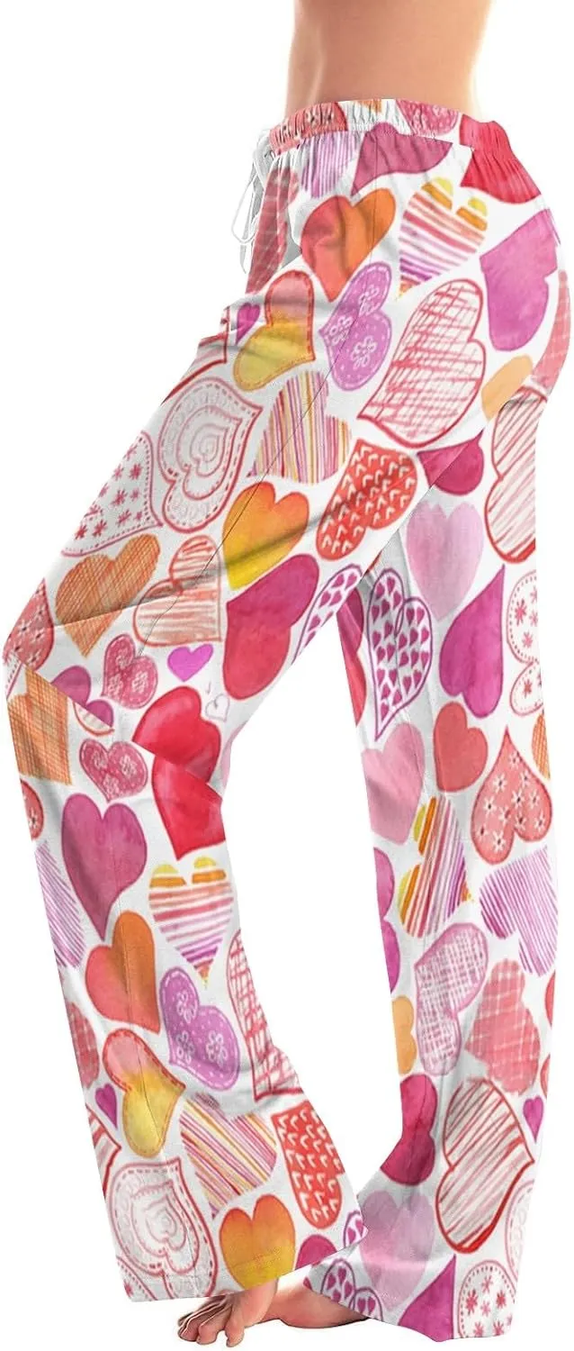 Valentines Pajama Pants Drawstring Heart Comfy Wide Leg Lounge Pants Stretchy Cozy Baggy High Waisted Sleep Pants
