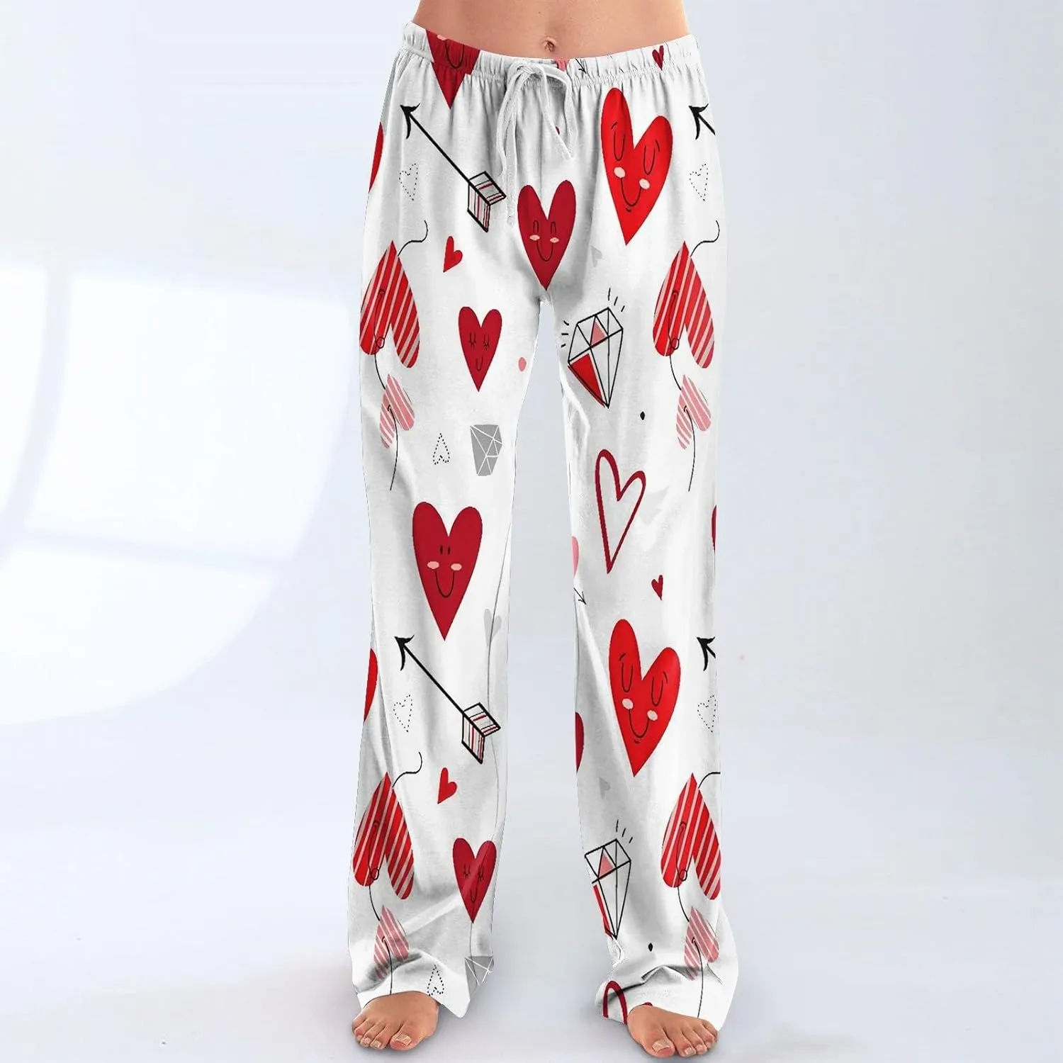Valentines Pajama Pants Drawstring Heart Comfy Wide Leg Lounge Pants Stretchy Cozy Baggy High Waisted Sleep Pants